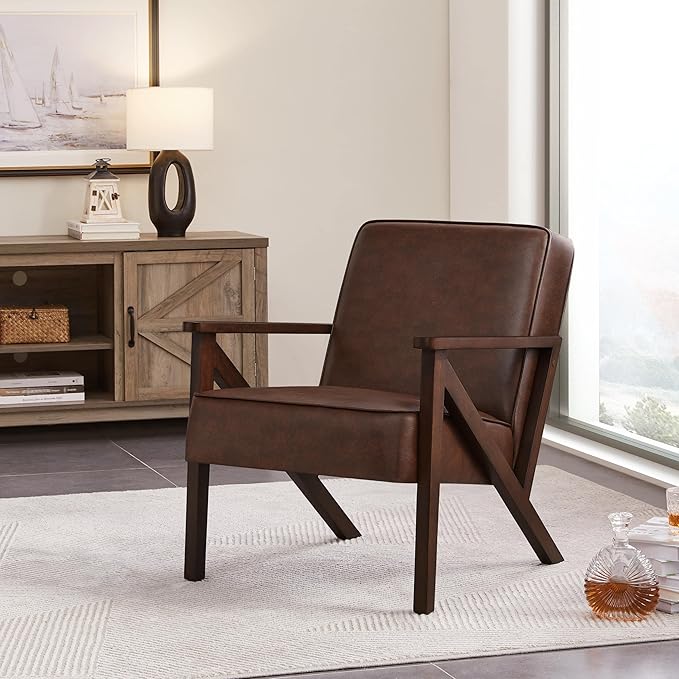 Yaheetech Accent Chair, Armchair with Strong Wood Frame, PU Leather Modern Retro Lounge Chair for Living Room/Lounge/Office/Reception Area, Dark Brown - LeafyLoom