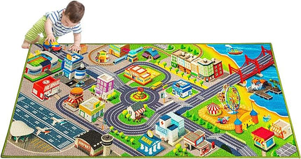 Kids Carpet Playmat City Life 3D Playroom Rug | 30 x 60 Inch Extra Large Toddler Activity Mat for Race Cars & Toys | Playroom Rug Makes a Fun Educational Gift Idea for Boys & Girls - LeafyLoom