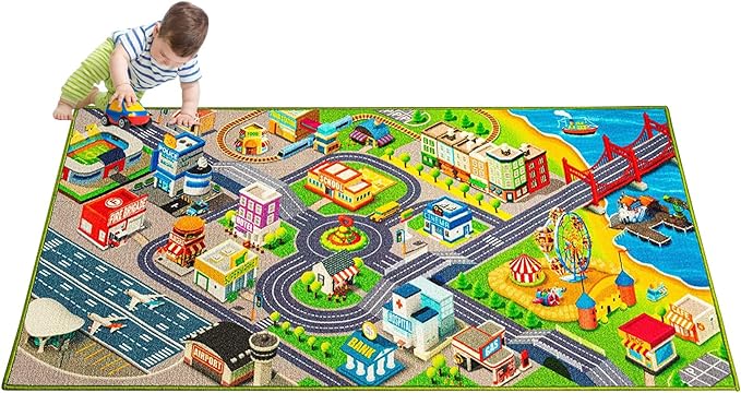 Kids Carpet Playmat City Life 3D Playroom Rug | 30 x 60 Inch Extra Large Toddler Activity Mat for Race Cars & Toys | Playroom Rug Makes a Fun Educational Gift Idea for Boys & Girls - LeafyLoom