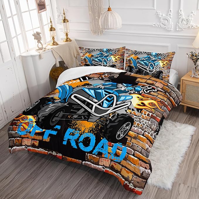 Axolotl Quad Bike Bedding Set Twin,Dirt Bike Comforter Set,Extreme Sports Bedding Set,Sports Theme Comforter Set,Tractor Truck Bedding,Motorcycle Comforter for Kids Boys Teens,1 Quilt 2 Pillowcases - LeafyLoom