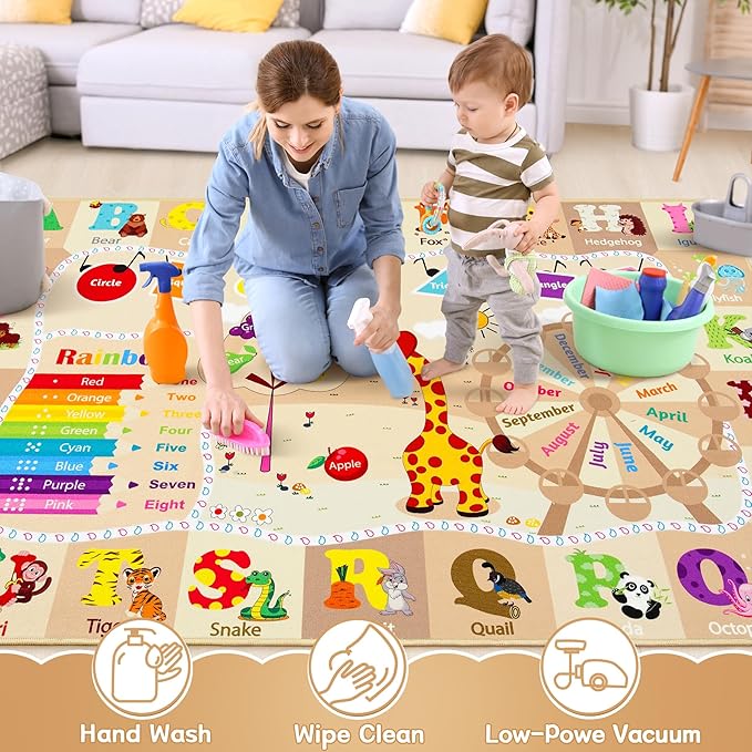 Chicrug Educational Kid Area Rug for Playroom, 4x6 Feet TPR Non Slip Kids Classroom Carpet Rug for Learning ABC Animal, Shape Color Fruit, Washable Play Mat Rug for Children Nursery Toddler Room Decor - LeafyLoom
