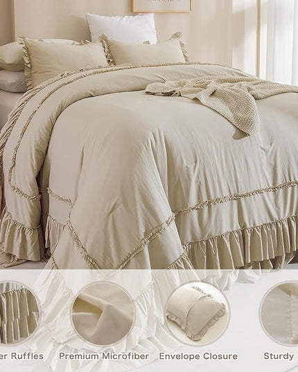 Oversized King Comforter 128x120,Farmhouse Shabby Boho Chic Ruffled Bedding Comforter Set,3pcs Extra Large King Size Wheat Ruffle Comforter Sets French Country Bedding Set Ultra Soft - LeafyLoom