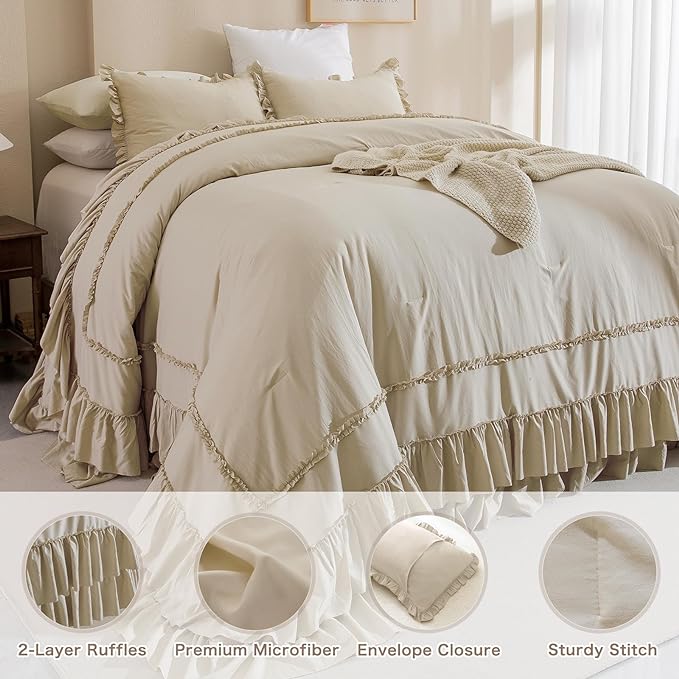 Oversized King Comforter 128x120,Farmhouse Shabby Boho Chic Ruffled Bedding Comforter Set,3pcs Extra Large King Size Wheat Ruffle Comforter Sets French Country Bedding Set Ultra Soft - LeafyLoom