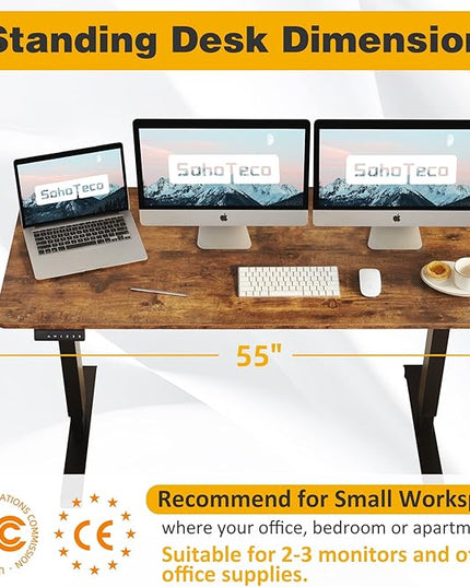 Motorized Stand Up Desk Adjustable Height, 55x24 Office Desk Memory Preset with Cable Management Tray and Side Hooks, Black Frame & Brown Desktop - LeafyLoom