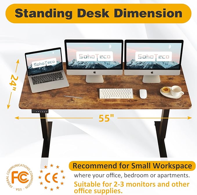 Motorized Stand Up Desk Adjustable Height, 55x24 Office Desk Memory Preset with Cable Management Tray and Side Hooks, Black Frame & Brown Desktop - LeafyLoom