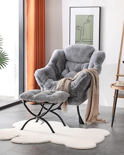 Welnow Lazy Chair with Ottoman, Modern Lounge Accent Chair with Armrests and a Side Pocket, Leisure Sofa Chair Set, Reading Chair with Footrest for Small Space, Corner Chair, Plush Grey - LeafyLoom