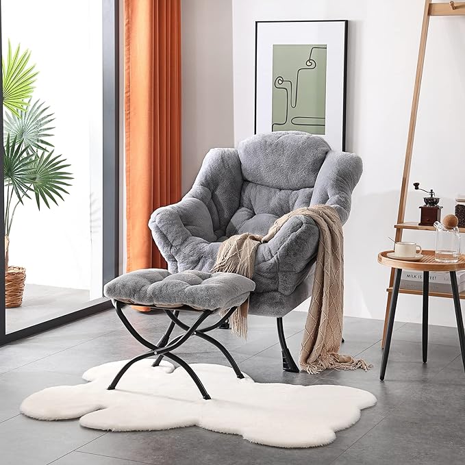 Welnow Lazy Chair with Ottoman, Modern Lounge Accent Chair with Armrests and a Side Pocket, Leisure Sofa Chair Set, Reading Chair with Footrest for Small Space, Corner Chair, Plush Grey - LeafyLoom