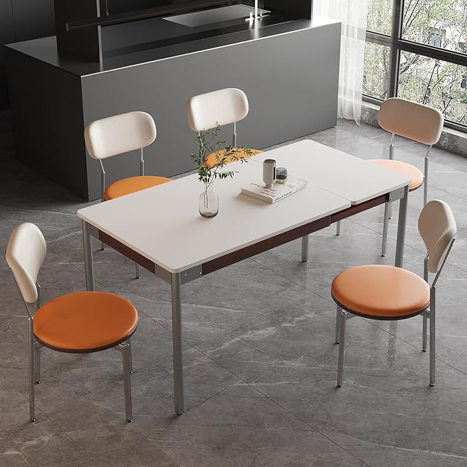 Modern Expandable Dining Table，Rectangular Kitchen Wooden Table with Stainless Steel Legs for Dinner Small Spaces， Space-Saving Foldable Table - LeafyLoom