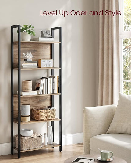 VASAGLE 5-Tier Bookshelf, Book Shelf, Industrial Bookcase, with Steel Frame, for Living Room, Home Office, Bedroom, 9.4 x 24.4 x 65 Inches, Camel Brown and Black ULLS025B50 - LeafyLoom