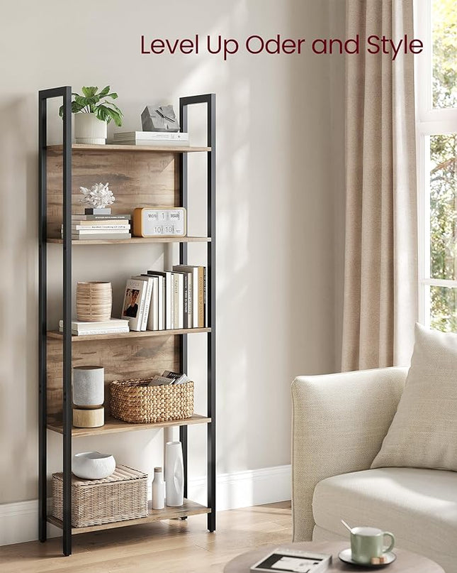 VASAGLE 5-Tier Bookshelf, Book Shelf, Industrial Bookcase, with Steel Frame, for Living Room, Home Office, Bedroom, 9.4 x 24.4 x 65 Inches, Camel Brown and Black ULLS025B50 - LeafyLoom