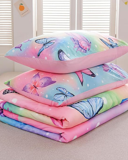 Btargot 3 Piece Butterfly Pattern Girls Comforter Set with 2 Pillow Covers, Gradient Line Rainbow Printed Bedding Set for Women, Queen Multi Color - LeafyLoom