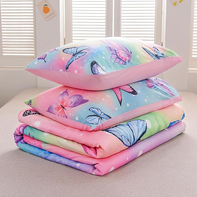 Btargot 3 Piece Butterfly Pattern Girls Comforter Set with 2 Pillow Covers, Gradient Line Rainbow Printed Bedding Set for Women, Queen Multi Color - LeafyLoom