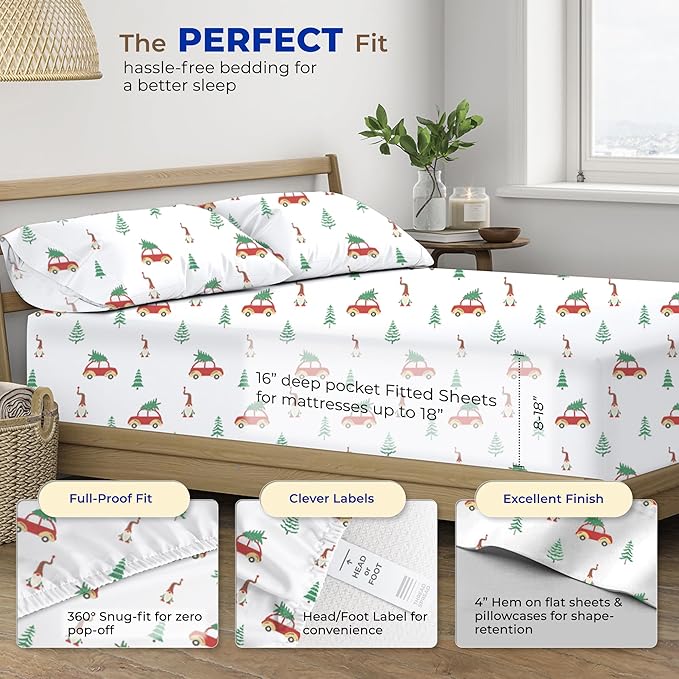 THREAD SPREAD 100% Egyptian Cotton Printed California King Sheet Sets - 4 PC 600 Thread Count Cal King Sheets, Soft Cooling Sheets, Deep Pocket Festive Joy Sheets, Winter Holiday Cotton Sheets - LeafyLoom