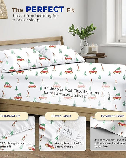 THREAD SPREAD 100% Egyptian Cotton Printed King Sheet Sets - 4 PC 600 Thread Count King Sheets - Soft & Breathable Cooling Sheets - Deep Pocket Festive Joy Sheets - Winter Holiday Cotton Sheets - LeafyLoom