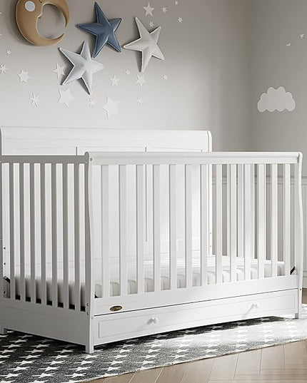 Graco Asheville 4-in-1 Convertible Crib with Drawer (White) – GREENGUARD Gold Certified, Crib with Drawer Combo, Full-Size Nursery Storage Drawer, Converts to Toddler Bed, Daybed and Full-Size Bed - LeafyLoom