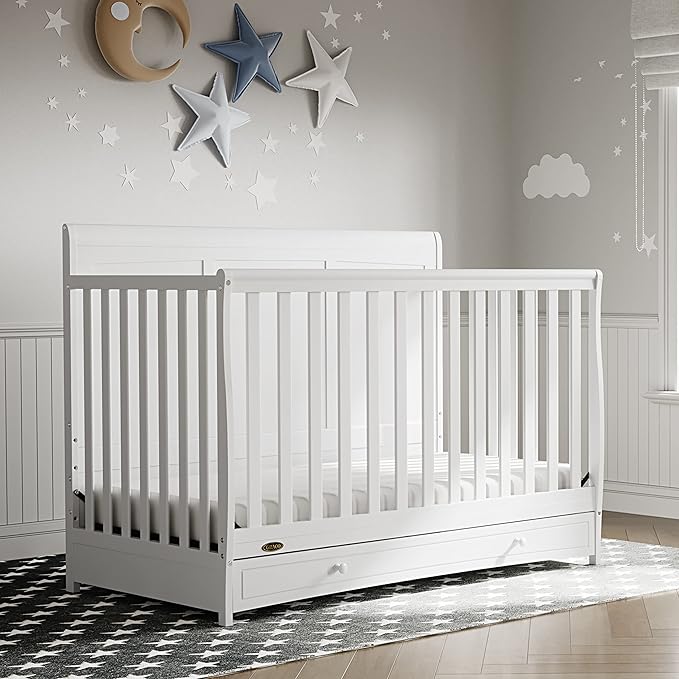 Graco Asheville 4-in-1 Convertible Crib with Drawer (White) – GREENGUARD Gold Certified, Crib with Drawer Combo, Full-Size Nursery Storage Drawer, Converts to Toddler Bed, Daybed and Full-Size Bed - LeafyLoom