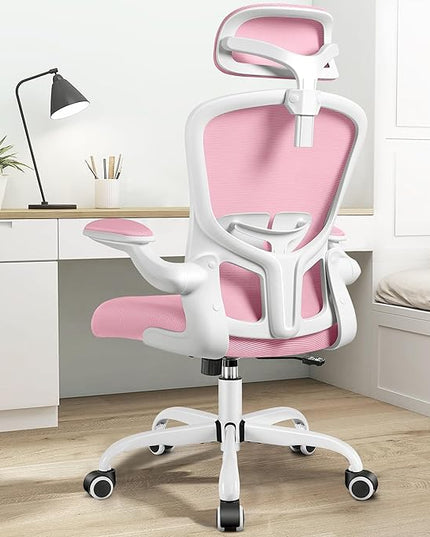 FelixKing Premium Ergonomic Office Chair with Adjustable Headrest, Thickened 90° Flip Armrests, and Lumbar Support – Height Adjustable | Ideal for Home Office Desks and Workstations | Pink - LeafyLoom