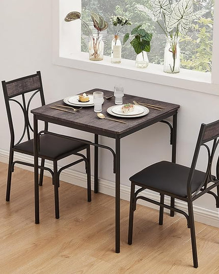 VECELO Kitchen Dining Room Table 2 Chairs for Small Space, Apartment,Metal Steel Frame, 3-Piece Set, Brown - LeafyLoom