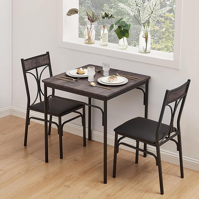 VECELO Kitchen Dining Room Table 2 Chairs for Small Space, Apartment,Metal Steel Frame, 3-Piece Set, Brown - LeafyLoom