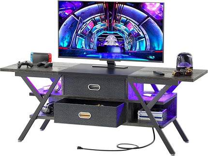 TV Stand for 55''/65'' TV - LED TV Stands with Power Outlets, TV Entertainment Center with Storage, Modern Gaming TV Stand with Drawers for Bedroom, Entertainment Stand for Living Room, Gray & Black - LeafyLoom