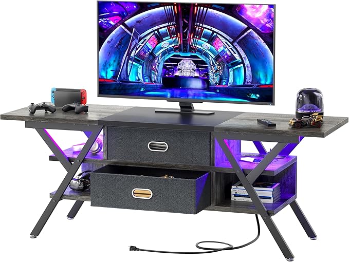 TV Stand for 55''/65'' TV - LED TV Stands with Power Outlets, TV Entertainment Center with Storage, Modern Gaming TV Stand with Drawers for Bedroom, Entertainment Stand for Living Room, Gray & Black - LeafyLoom