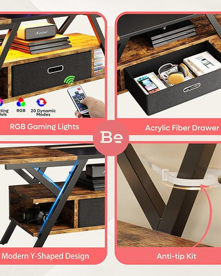 Bestier TV Stand for Living Room, LED Entertainment Center with Power Outlets, Farmhouse TV Stand 55 Inch for TV up to 65 Inch for bedroom, Gaming TV Console Table with Storage, Rustic Brown - LeafyLoom