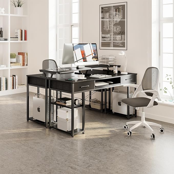 ODK Computer Desk with Drawers & Power Outlet, 48 Inch Office Desk with Keyboard Tray & Storage Shelves & PC Stand, Office Table Work Desk with Monitor Stand, Black - LeafyLoom