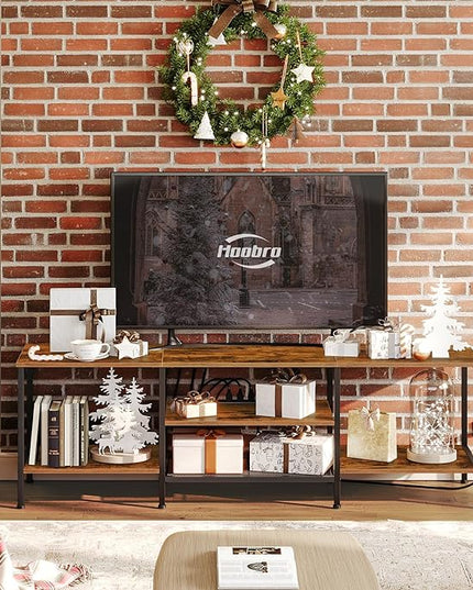 HOOBRO TV Stand with Power Outlets to 75 Inches, TV Console Table with Open Storage Shelves Cabinet, Industrial Media Entertainment Center for Living Room Bedroom, Rustic Brown and Black BF80DS01 - LeafyLoom