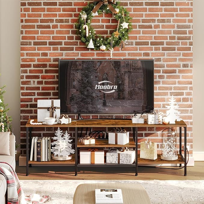 HOOBRO TV Stand with Power Outlets to 75 Inches, TV Console Table with Open Storage Shelves Cabinet, Industrial Media Entertainment Center for Living Room Bedroom, Rustic Brown and Black BF80DS01 - LeafyLoom