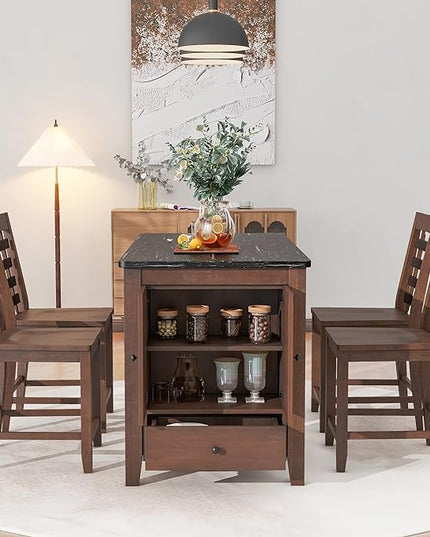 NicBex Dining Room Table Set for 4 Kitchen Table and Chairs Counter Height 5-Piece Dining Table Set with Faux Marble Tabletop, Solid Wood Table Set with Storage Cabinet and Drawer, Walnut - LeafyLoom