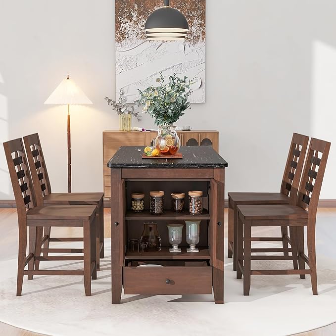 Counter Height Dining 4 with Faux Marble Tabletop, Solid Wood Modern Table Set with Storage Cabinet and Drawer, Dark Walnut - LeafyLoom