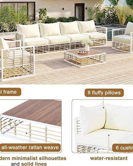 7-Piece Rattan Woven Outdoor Patio Furniture Set, All-Weather Sectional Sofa with Removable Cushions&Coffee Table, Minimalist Style Garden Couch Seating, Onesize, White Frame+Ivory Cushion - LeafyLoom