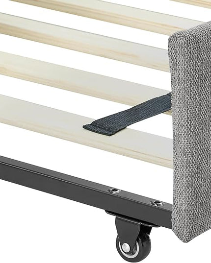 Linen Upholstered Full Size Daybed with Trundle, Solid Wooden Sofa Bedframe w/Pull Out Bed and Tufted Decorate, No Box Spring Needed, for Kids, Bedroom, Dorm - LeafyLoom
