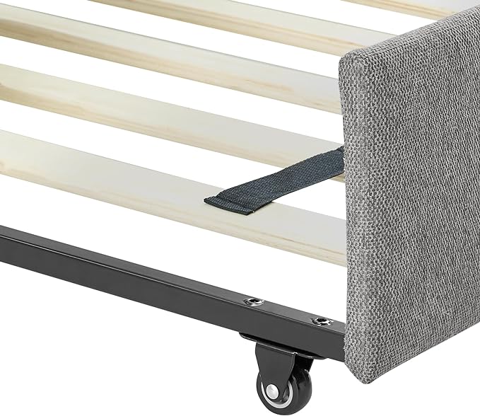 Linen Upholstered Full Size Daybed with Trundle, Solid Wooden Sofa Bedframe w/Pull Out Bed and Tufted Decorate, No Box Spring Needed, for Kids, Bedroom, Dorm - LeafyLoom