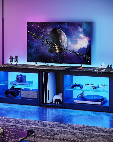 Bestier TV Stand for 70 inch TV with Power Outlets, LED Entertainment Center for PS5, Gaming TV Consoles with Glass Shelves for Living Room, 63'' Inch, Black Marble - LeafyLoom