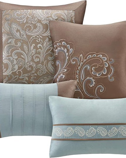 Madison Park Essentials Brystol 24 Piece Room in a Bag Faux Silk Comforter Jacquard Paisley Design Matching Curtains Down Alternative Hypoallergenic All Season Bedding-Set, King (104 in x 92 in), Blue - LeafyLoom