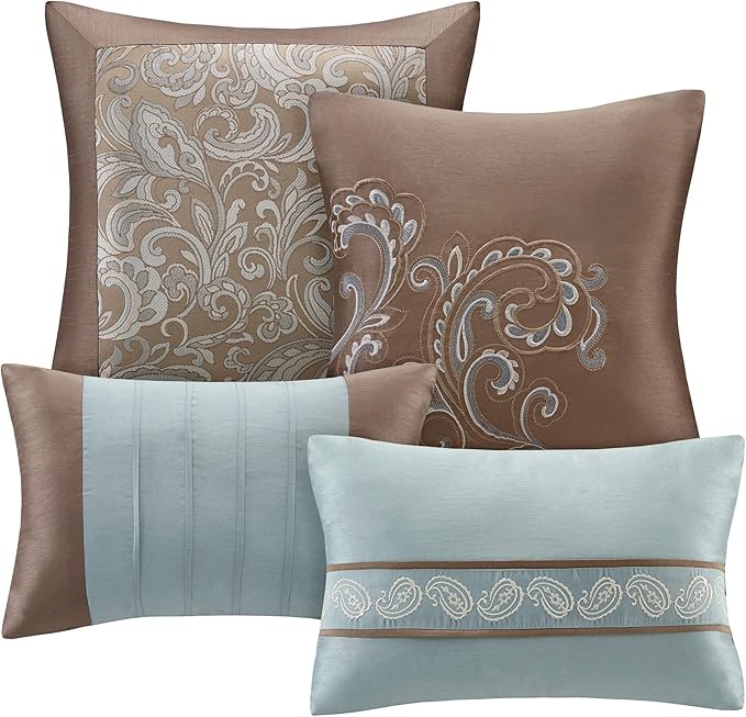 Madison Park Essentials Brystol 24 Piece Room in a Bag Faux Silk Comforter Jacquard Paisley Design Matching Curtains Down Alternative Hypoallergenic All Season Bedding-Set, King (104 in x 92 in), Blue - LeafyLoom