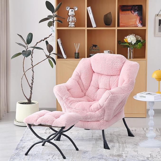 Welnow Lazy Chair with Ottoman, Modern Lounge Accent Chair with Armrests and a Side Pocket, Leisure Upholstered Sofa Chair Set, Reading Chair with Footrest for Small Space, Corner Chair - LeafyLoom