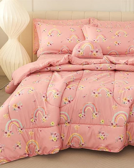 Mooreeke Full Size Comforter Sets for Girls Kids, 8 Pieces Bed in a Bag Pink Rainbow Flowers Bedding Comforter Sheet Set with Shams and Decorative Toy Pillow, Ultral Soft Microfiber Kids Bed Set - LeafyLoom