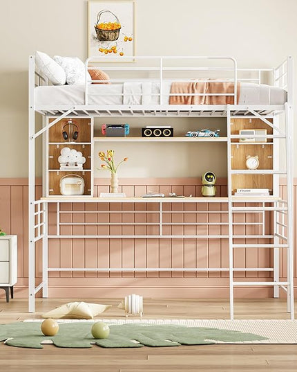 RITSU Full Size Loft Bed with Desk and Storage Shelves, Metal BedFrame,w/Ladder & Fenced Around Guardrails, Easy Assembly, for Adults, Kids, Teens, White - LeafyLoom