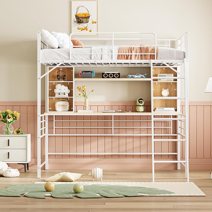 RITSU Full Size Loft Bed with Desk and Storage Shelves, Metal BedFrame,w/Ladder & Fenced Around Guardrails, Easy Assembly, for Adults, Kids, Teens, White - LeafyLoom