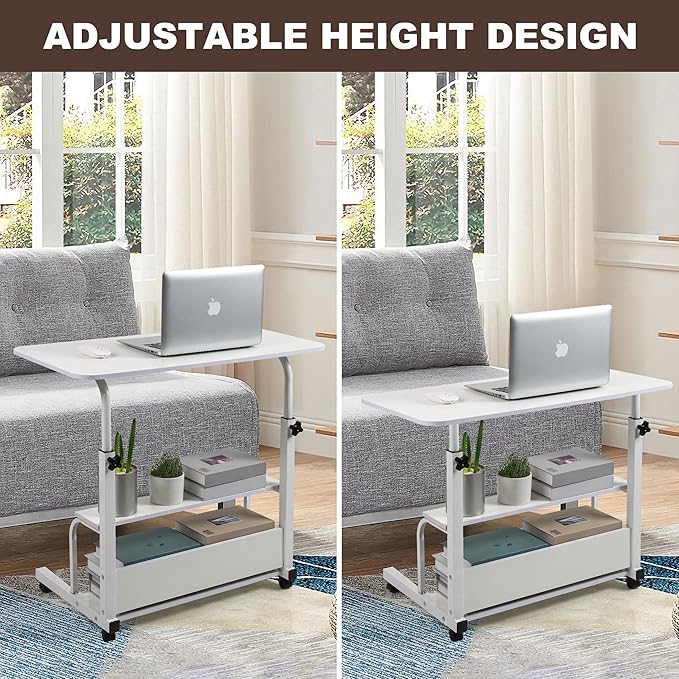 Height Adjustable Home Office Desk Movable Convenient Desk Small Spaces Computer Table Bedside Storage Desk Portable Desk Living Room Sofa Furniture Fashion Desk Size 15.7 * 31.5 Inch Pure White - LeafyLoom