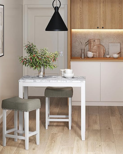 Nathan James Viktor 3 Piece Dining Set, Heigh Kitchen Counter Pub or Breakfast Table with Marble Top and Fabric Wood Base Seat, Light Gray/White - LeafyLoom