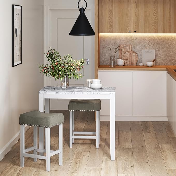 Nathan James Viktor 3 Piece Dining Set, Heigh Kitchen Counter Pub or Breakfast Table with Marble Top and Fabric Wood Base Seat, Light Gray/White - LeafyLoom