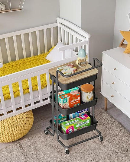 DTK 3 Tier Rolling Cart Uility Cart with Cover Board, Mobile Storage Cart with Wheels, Cups, Hooks for Office Utility Kitchen Bathroom Homeschool Art Craft Postpartum Teacher Cart Organizer(Black) - LeafyLoom