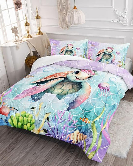 Datura home Kids Comforter Set Mermaid Scale Turtle Printed Pattern Bedding Set with 1 Comforter and 2 Pillowcases for Girls Boys Bedroom All Season(Turtle Queen) - LeafyLoom
