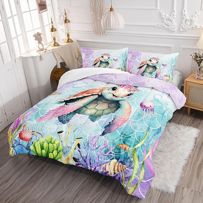 Kids Comforter Set Mermaid Scale Turtle Printed Pattern Bedding Set with 1 Comforter and 2 Pillowcases for Girls Boys Bedroom All Season(Turtle Full) - LeafyLoom