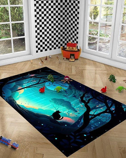 Cat Rug - Magic Black Cat Rug for Home Decor Moon Black Cat Rug for Boys Room Cat Door Mats Outdoor Entrance Forestscape Cat Rug, 3x4 Feet - LeafyLoom
