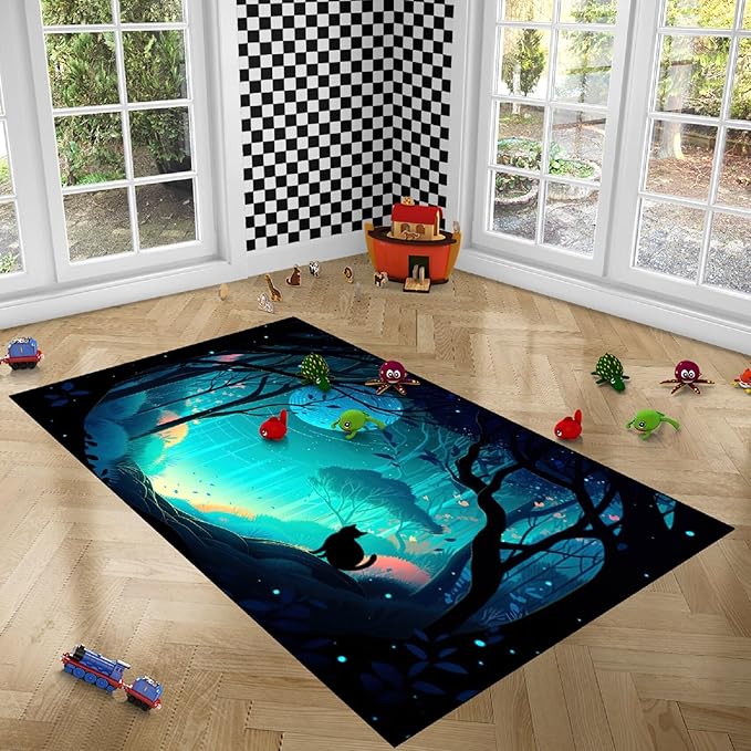 Cat Rug - Magic Black Cat Rug for Home Decor Moon Black Cat Rug for Boys Room Cat Door Mats Outdoor Entrance Forestscape Cat Rug, 3x5 Feet - LeafyLoom