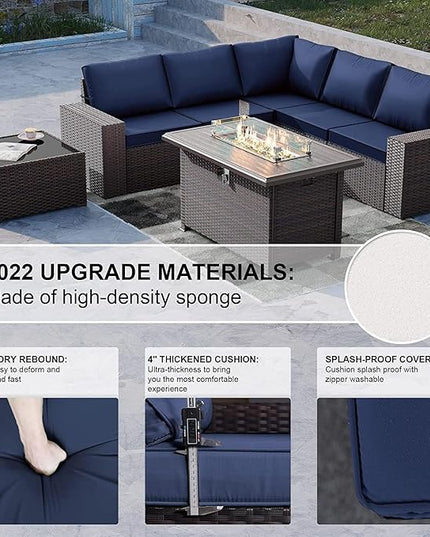 Kullavik 7 Pieces Outdoor Patio Furniture Set with 43" 55000BTU Gas Propane Fire Pit Table PE Wicker Rattan Sectional Sofa Patio Conversation Sets,Navy Blue - LeafyLoom